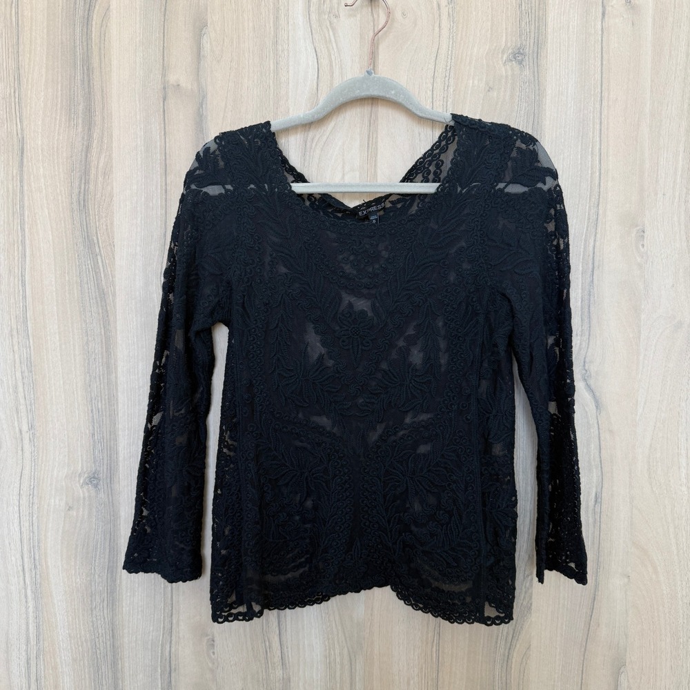 Express Womens Sheer Lace Top XS Black Floral Long Sleeve Whimsigoth‎ Romantic